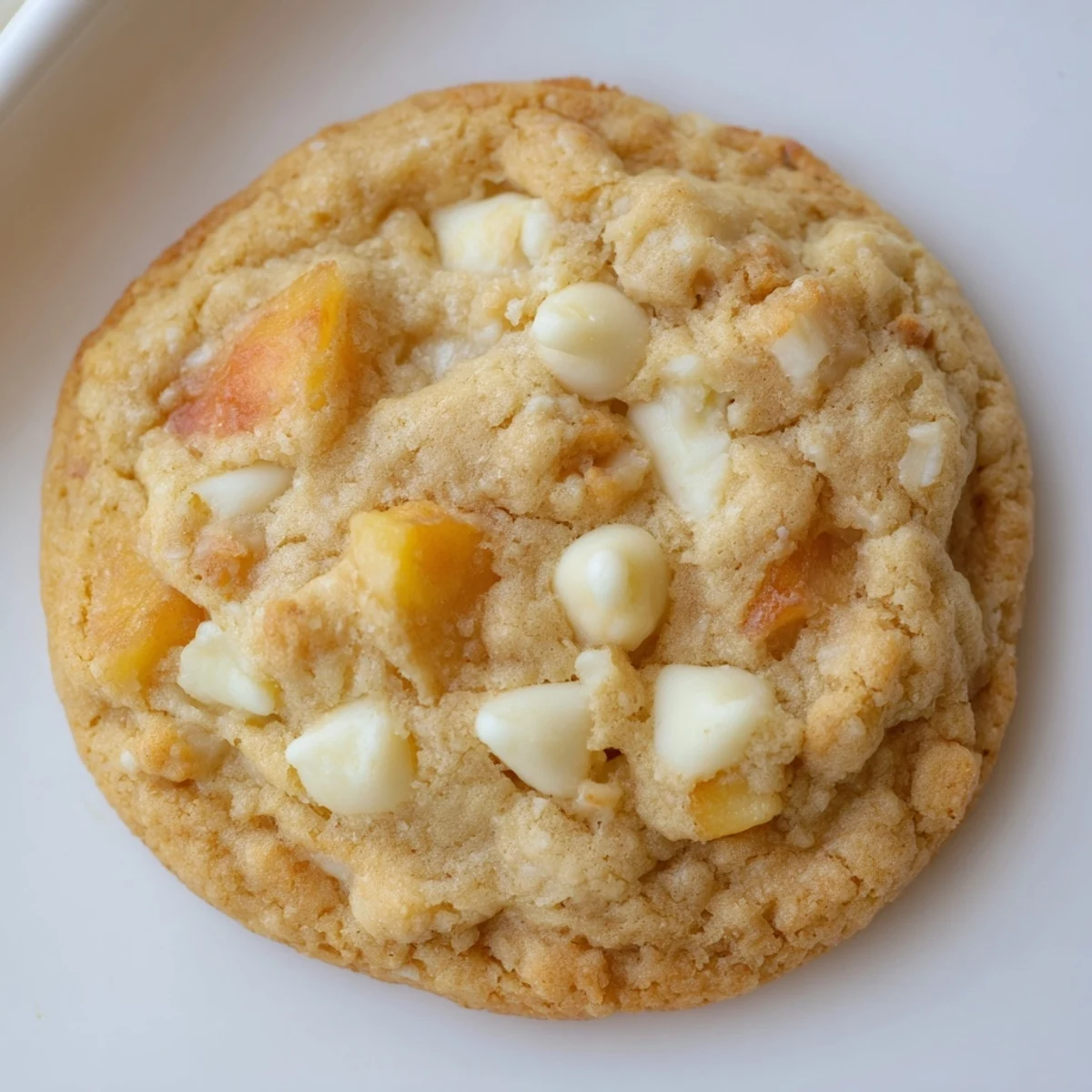 Golden-brown Peaches and Cream Cookies bursting with diced peaches and white chocolate, ready for summer dessert serving