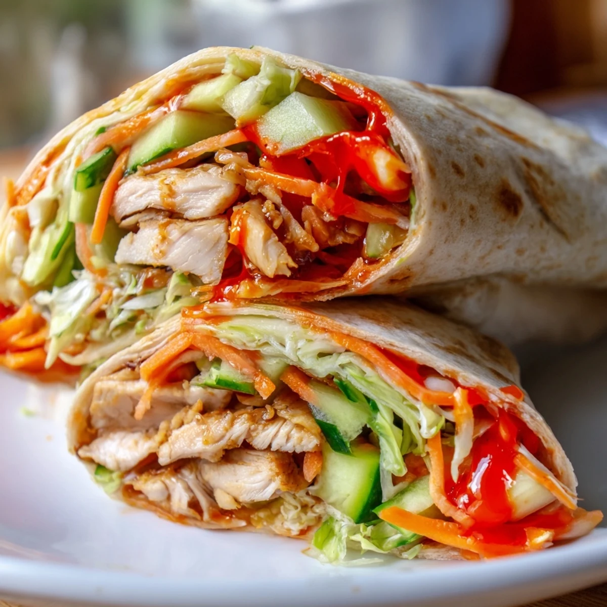 Fresh sweet chili chicken wraps filled with tender seasoned meat julienned carrots red pepper and crunchy cucumber slices