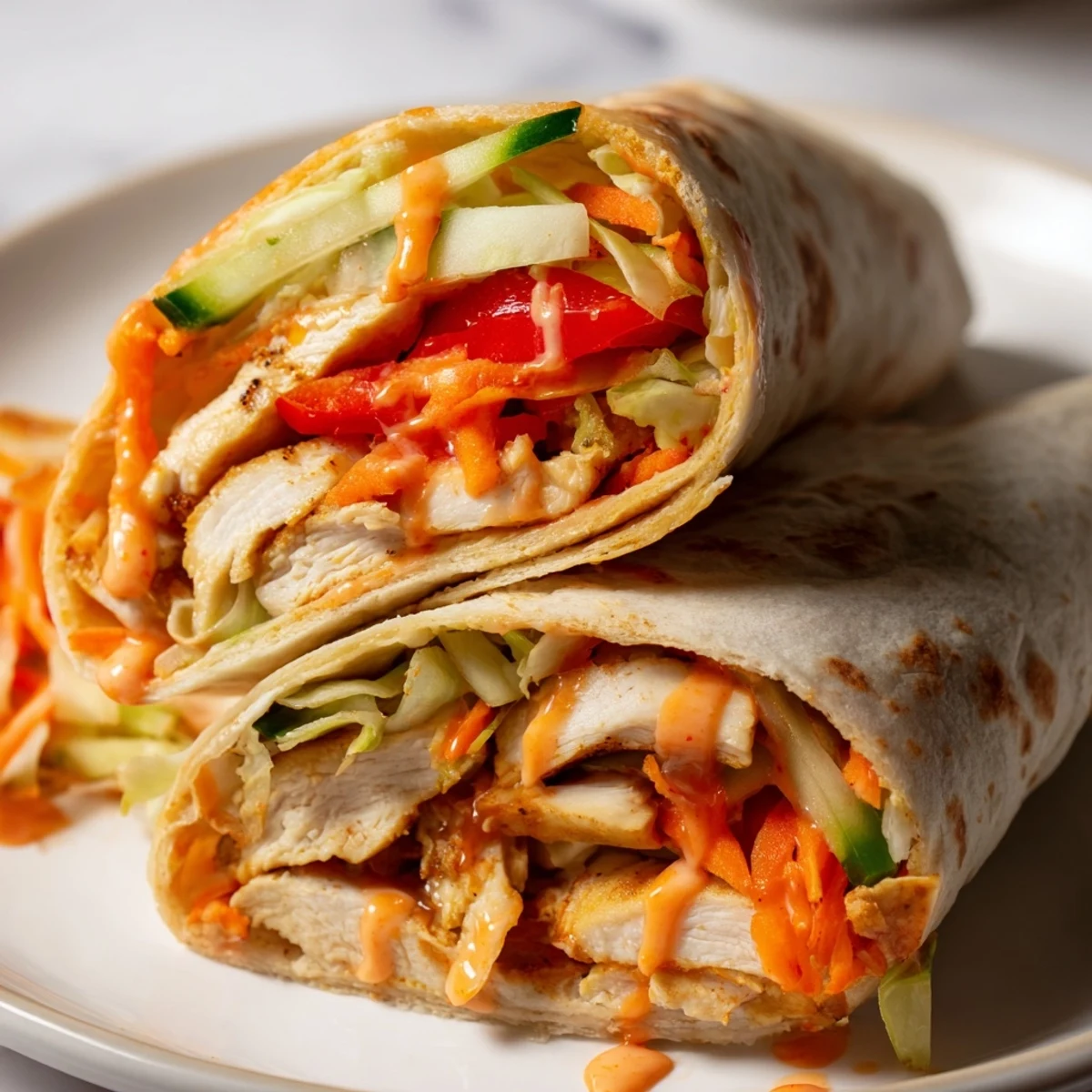 Golden sliced chicken coated in sweet chili sauce inside a soft flour tortilla wrap with crisp colorful vegetables