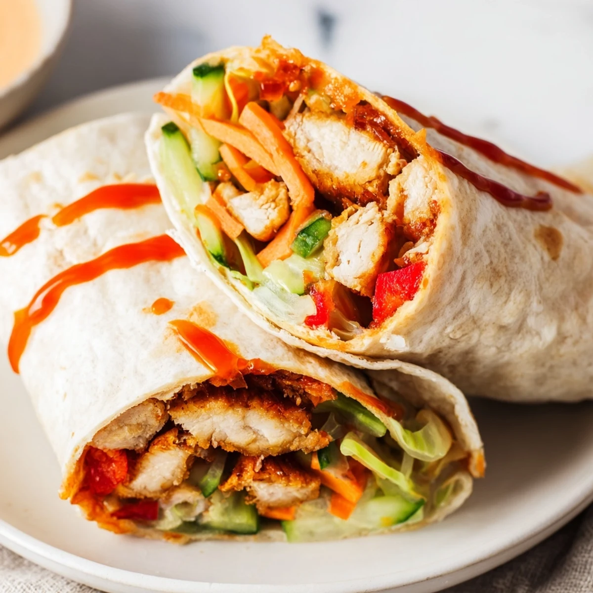 handheld lunch wrap showcasing juicy chicken strips drizzled with tangy sweet chili sauce and layered with shredded lettuce
