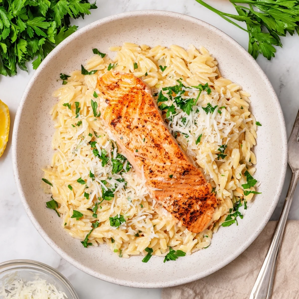 Golden seared salmon fillets resting on creamy lemon orzo with fresh parsley garnish