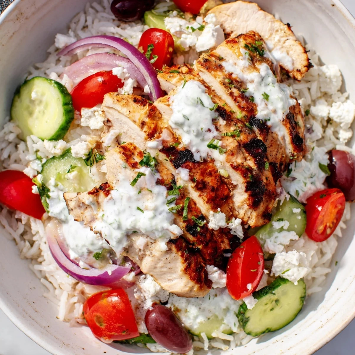 Golden sliced Greek chicken bowls with fluffy rice, fresh vegetables and creamy yogurt sauce
