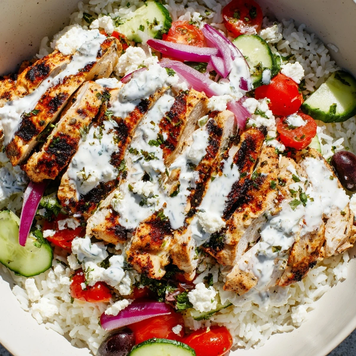 Colorful Mediterranean Greek chicken bowls topped with feta, olives, cucumber and tomatoes over rice