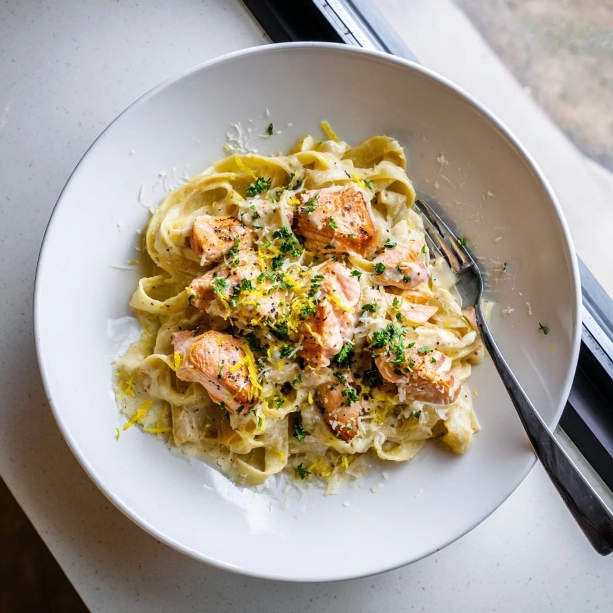 Creamy garlic butter salmon fettuccine plated in a white bowl garnished with fresh parsley and lemon wedges for an elegant dinner presentation.