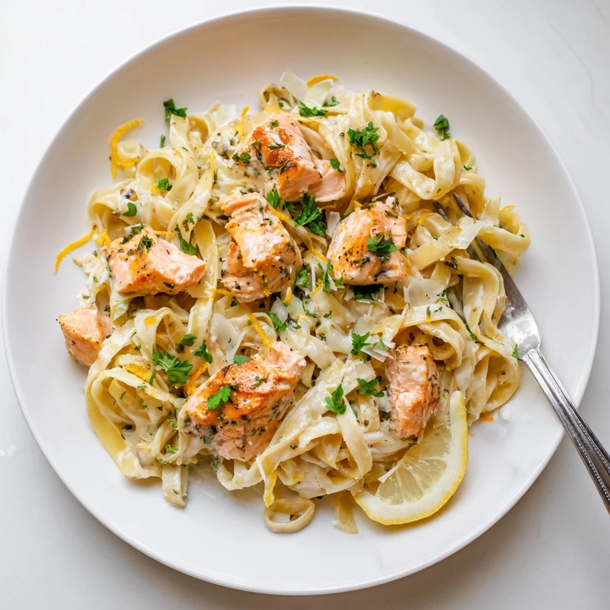 Golden seared salmon pieces rest atop fettuccine noodles coated in a rich, velvety garlic butter cream sauce finished with bright lemon zest.