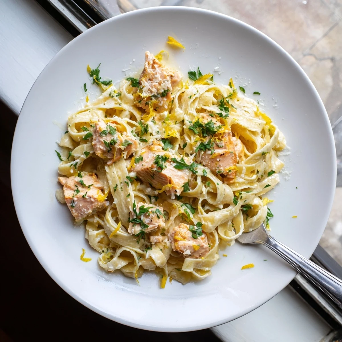 Tender fettuccine tossed with chunks of crispy seared salmon in a luxurious white cream sauce flavored with garlic, butter, and zesty lemon.