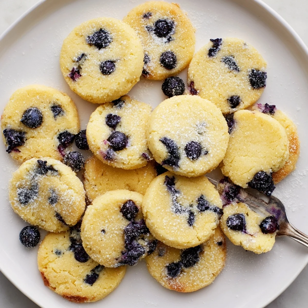 Soft lemon blueberry cookies with powdered sugar dusting on a white serving plate