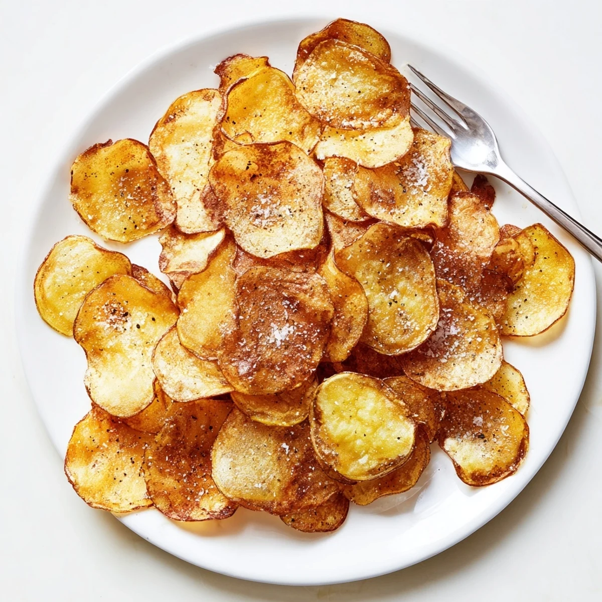 Golden brown crispy homemade potato chips piled high on a white serving plate with light salt crystals visible on the surface