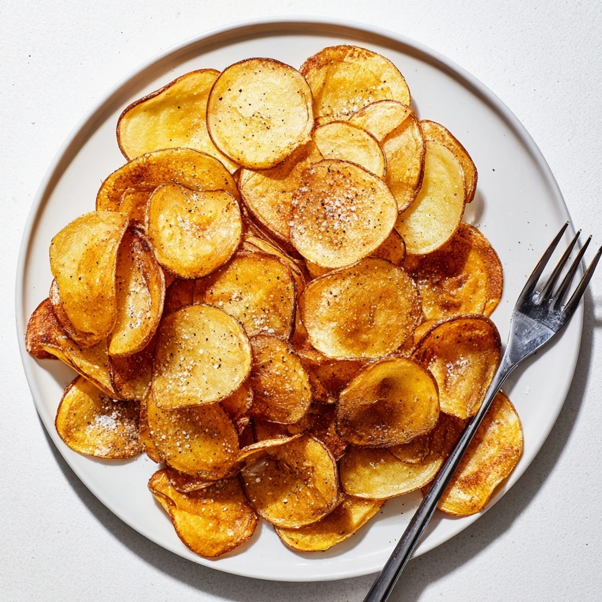 Freshly fried homemade potato chips arranged in a rustic wooden bowl showing their ultra-crispy texture and golden brown color