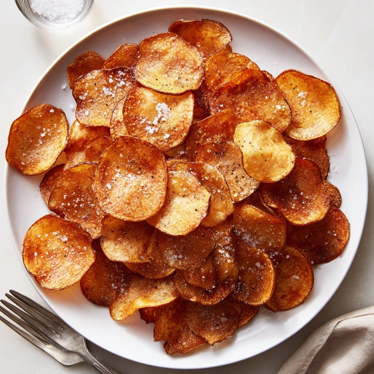 Batch of crispy homemade potato chips cooling on paper towels with a dusting of sea salt and pepper seasoning