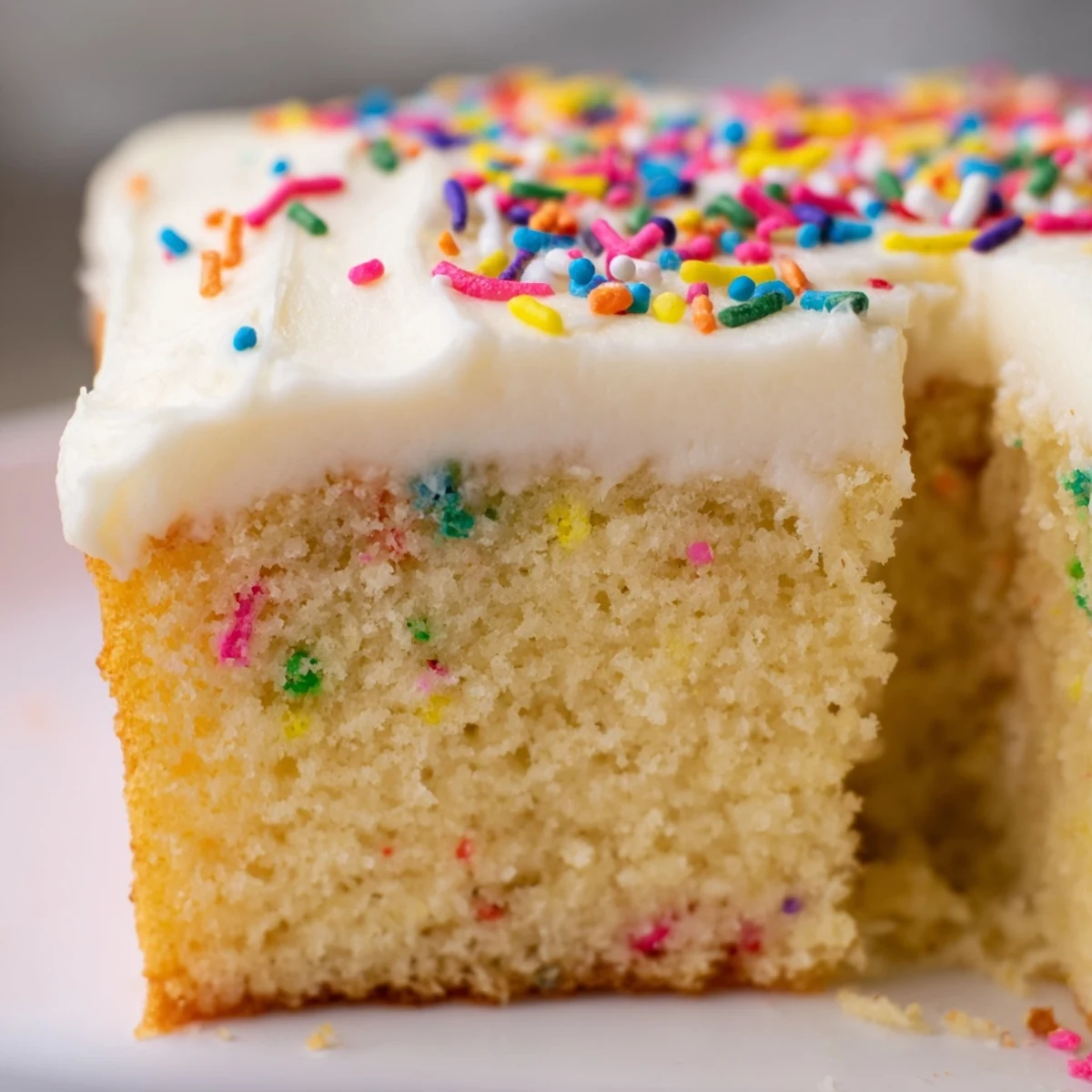 Festive vanilla confetti cake speckled with bright sprinkles beneath smooth creamy buttercream frosting for celebrations