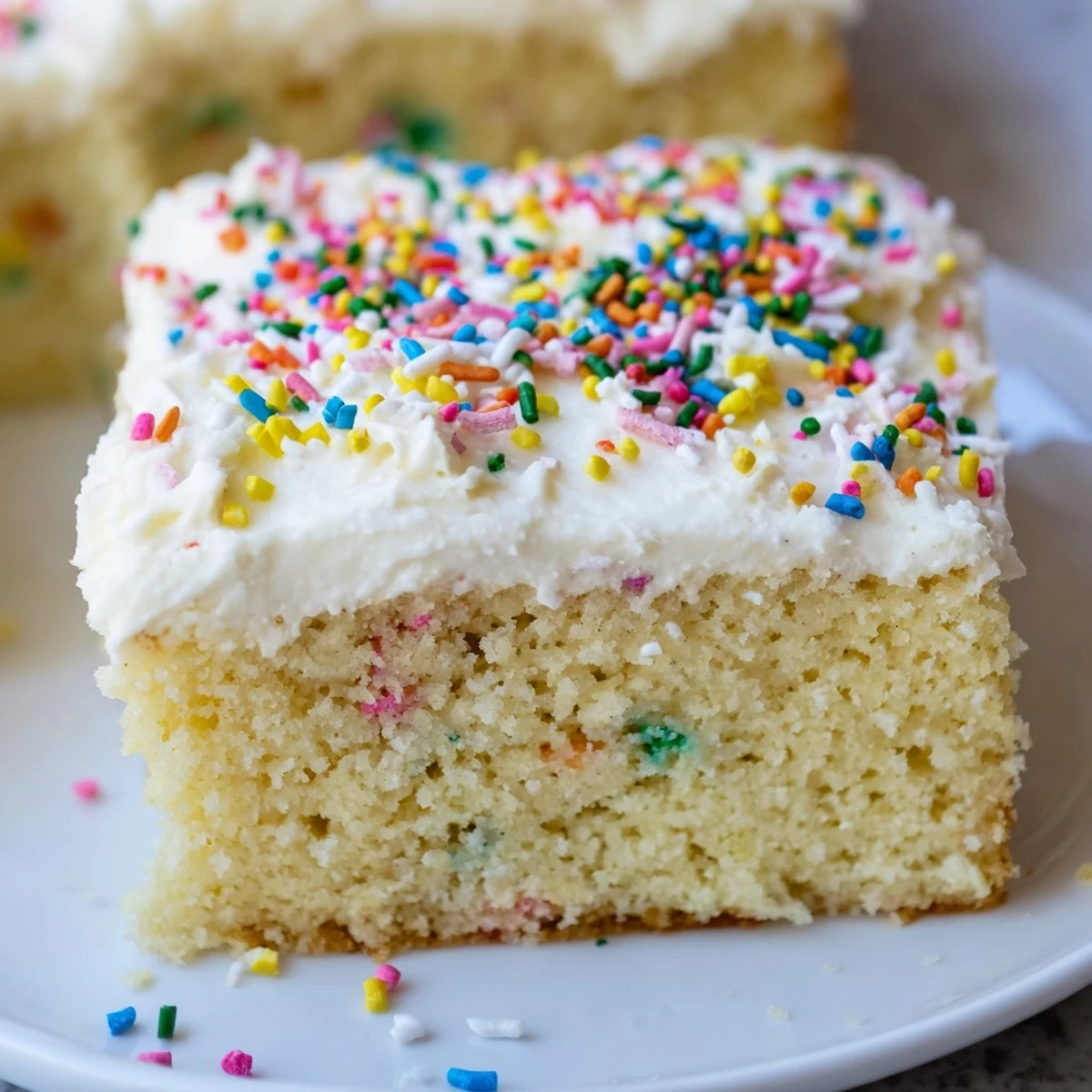 Slice of fluffy confetti cake with buttercream frosting showing rainbow sprinkles baked inside the golden crumb