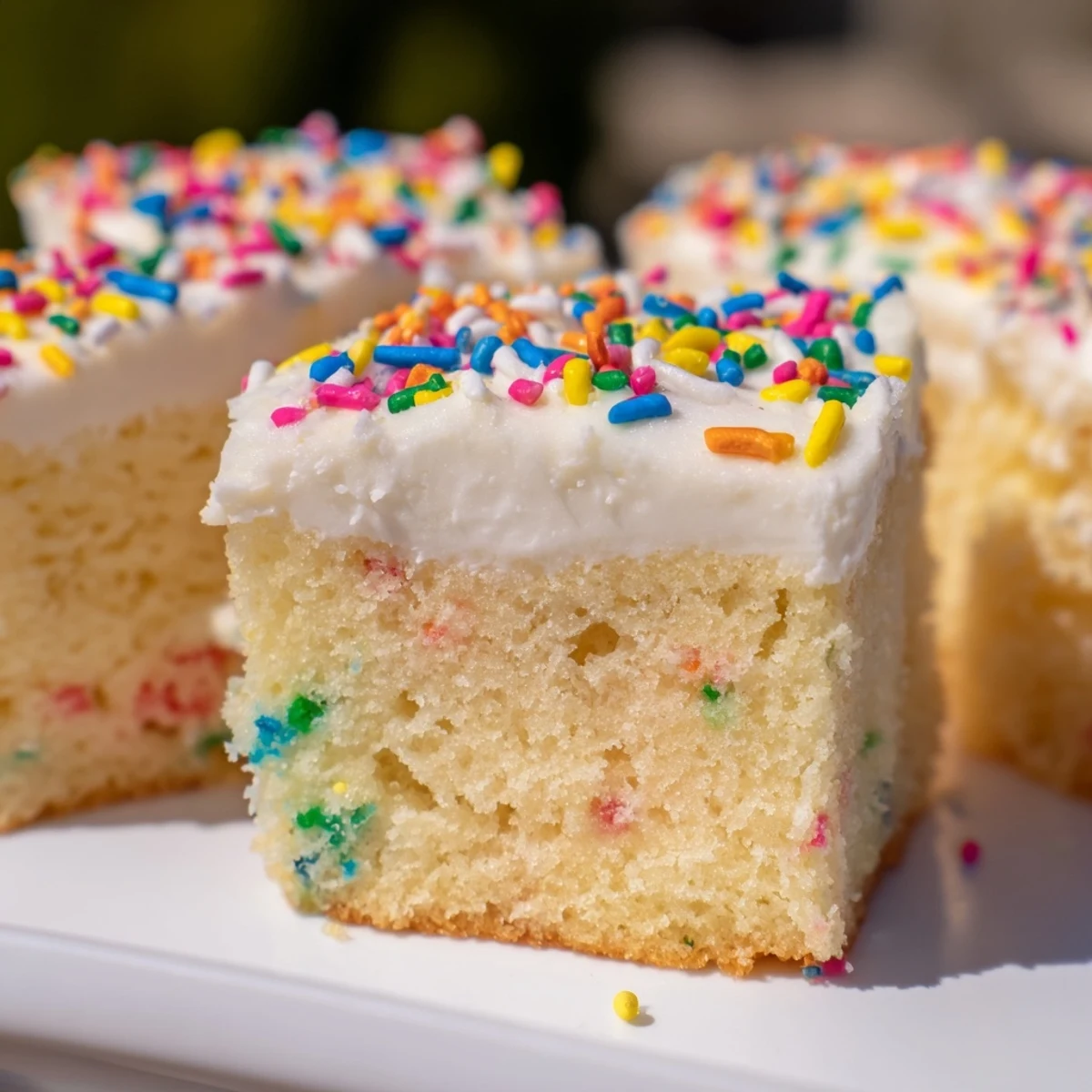 Big batch confetti cake with buttercream frosting topped with colorful rainbow sprinkles on a white plate