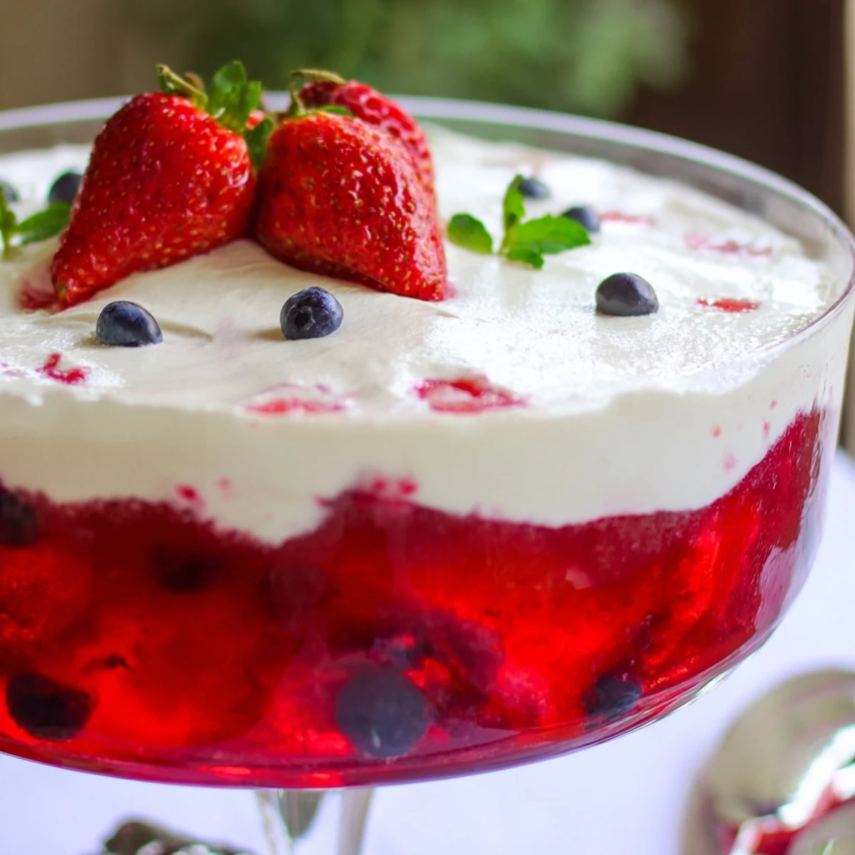 Layered vanilla mousse berry jello dessert in glass with fresh mint garnish