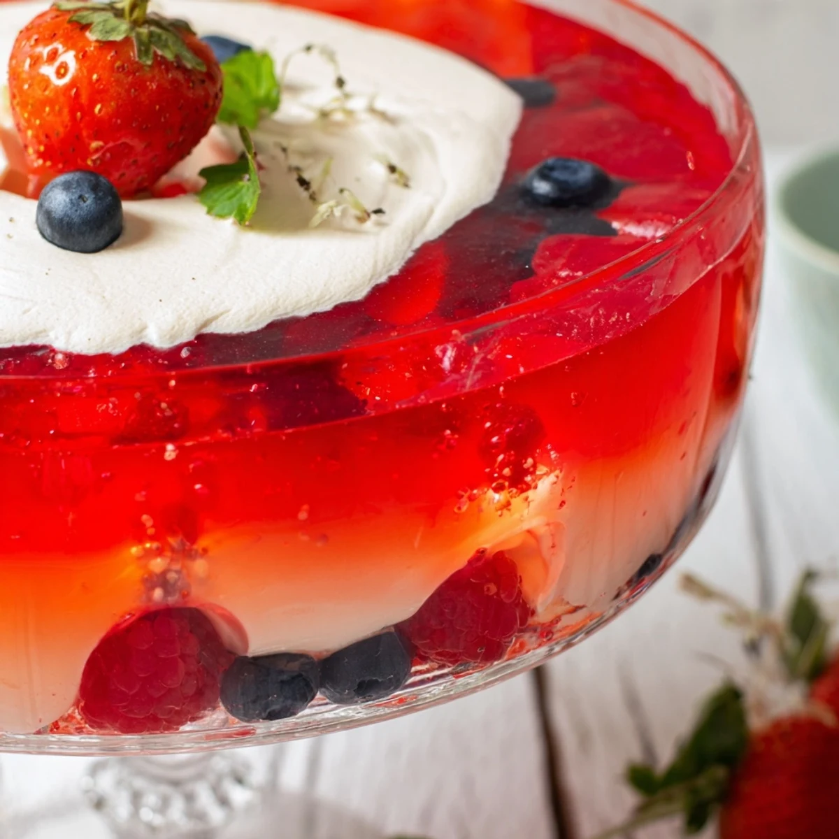 Creamy vanilla mousse atop vibrant berry jello in elegant serving glasses