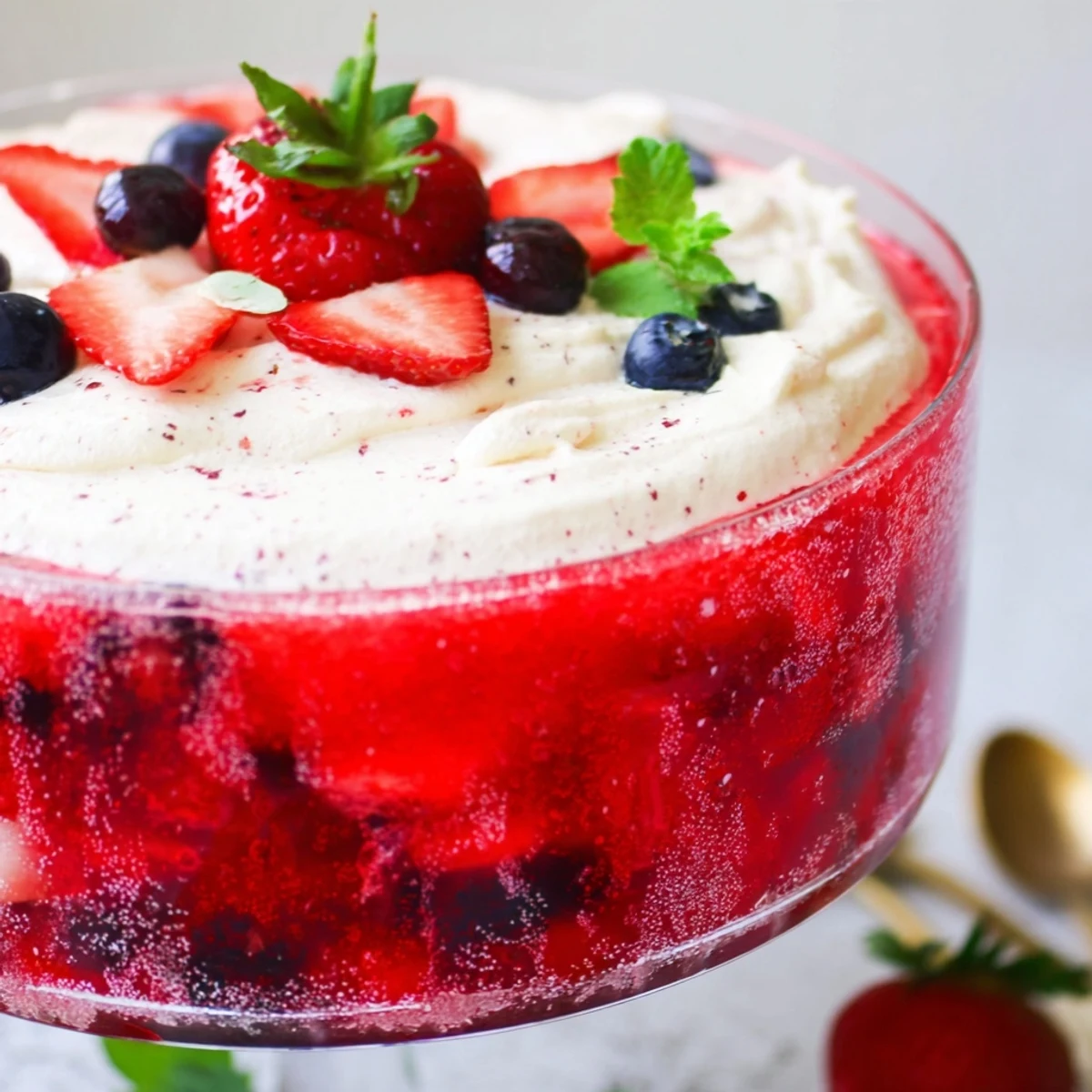 Vanilla mousse berry jello parfaits topped with fresh strawberries and mint leaves