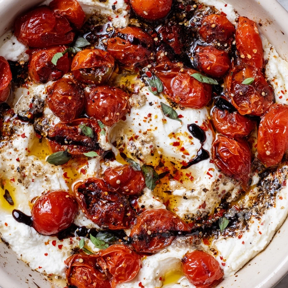 Golden roasted tomato burrata dip garnished with fresh basil and balsamic glaze