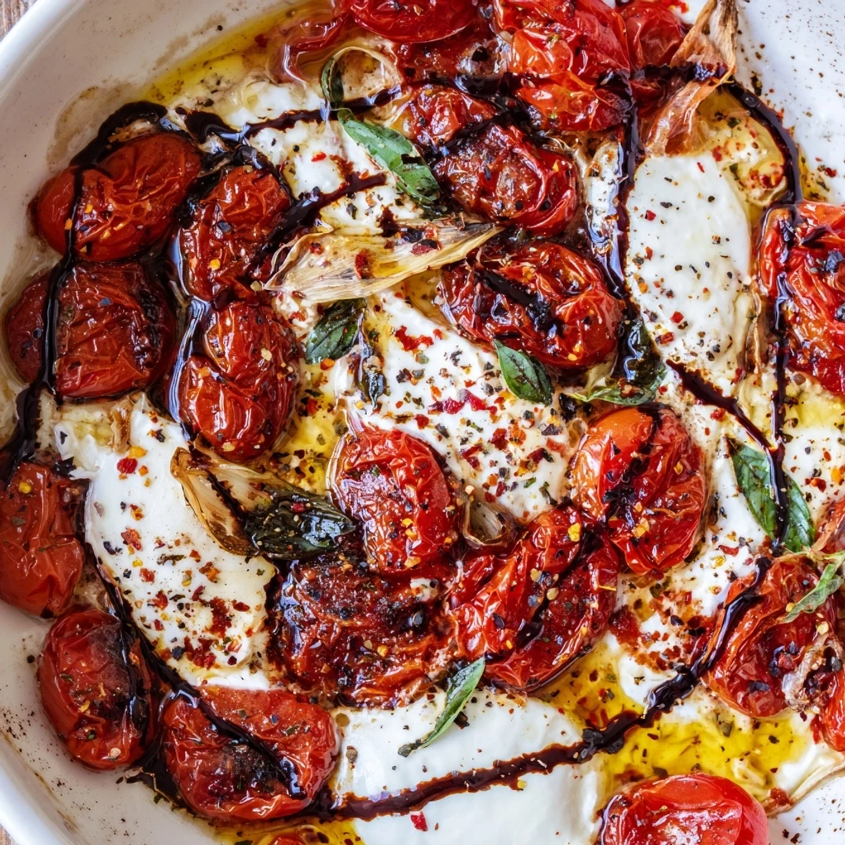 Warm creamy burrata cheese nestled among blistered cherry tomatoes in a rustic baking dish