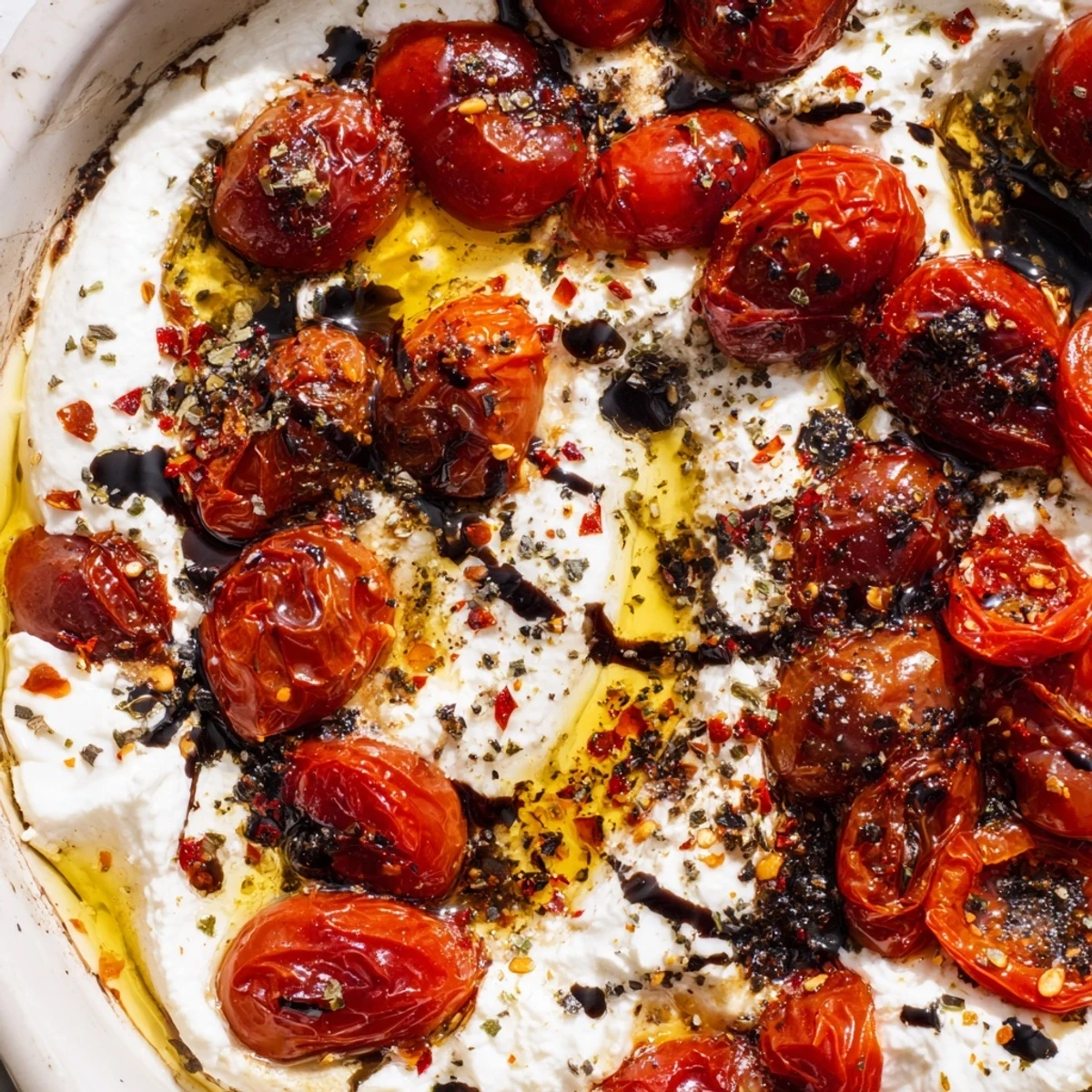 Italian-inspired roasted tomato burrata appetizer served with crusty bread for dipping