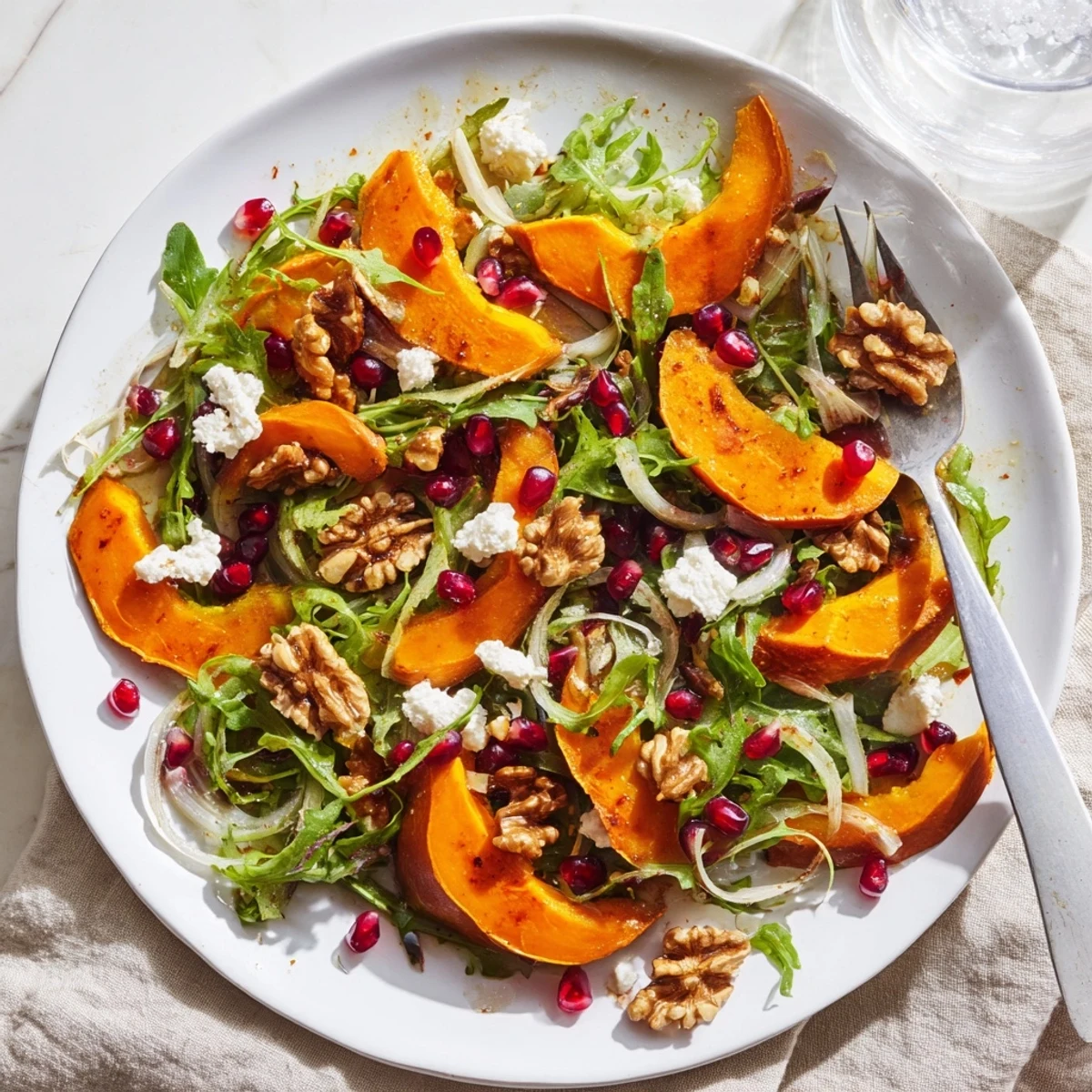 Fresh persimmon salad with sliced orange fruits, peppery greens, pomegranate seeds, and tangy apple cider vinaigrette drizzled over vibrant mixed greens