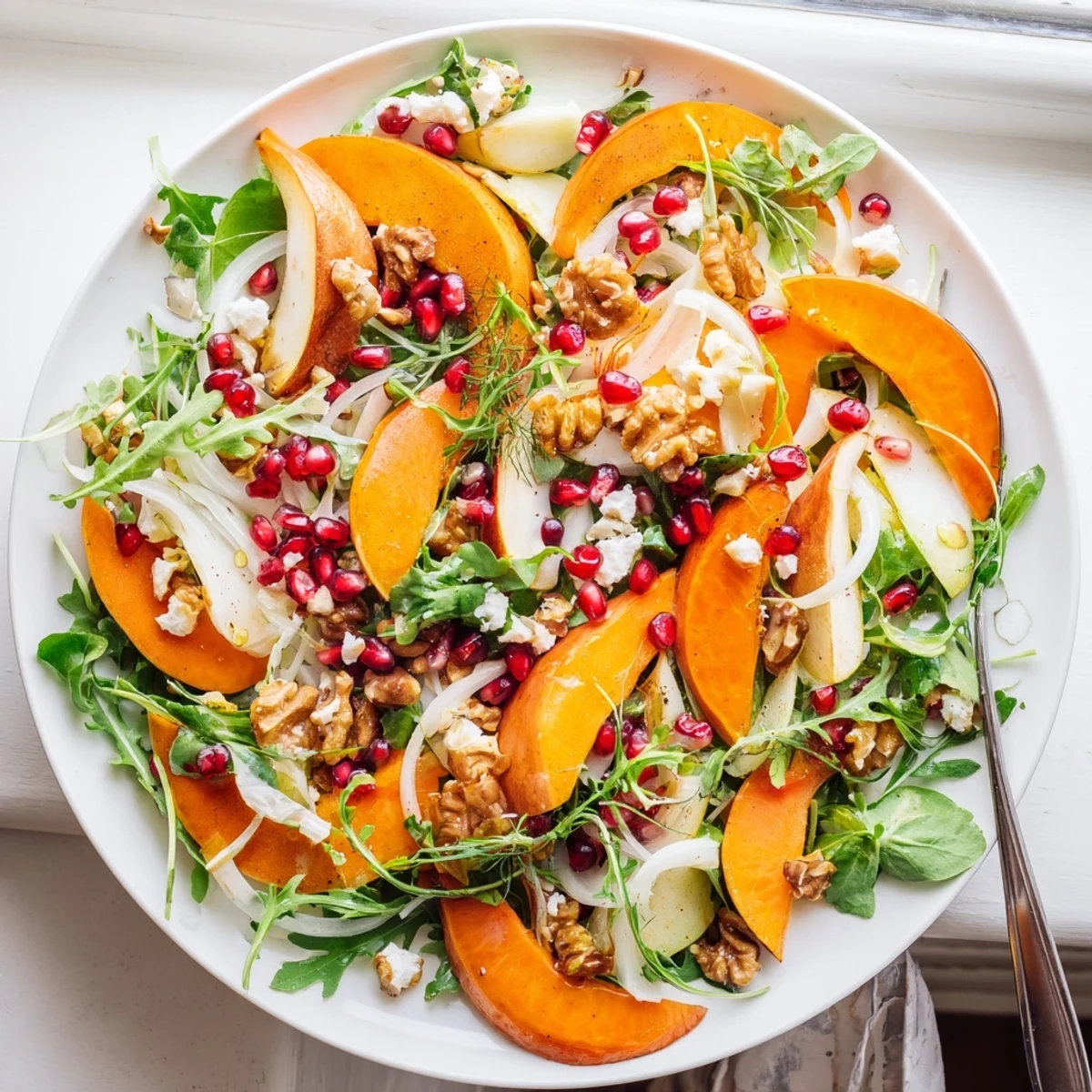 Colorful bowl of persimmon salad featuring crisp fennel, ruby pomegranate arils, crumbled goat cheese, and walnuts dressed in sweet apple cider vinaigrette