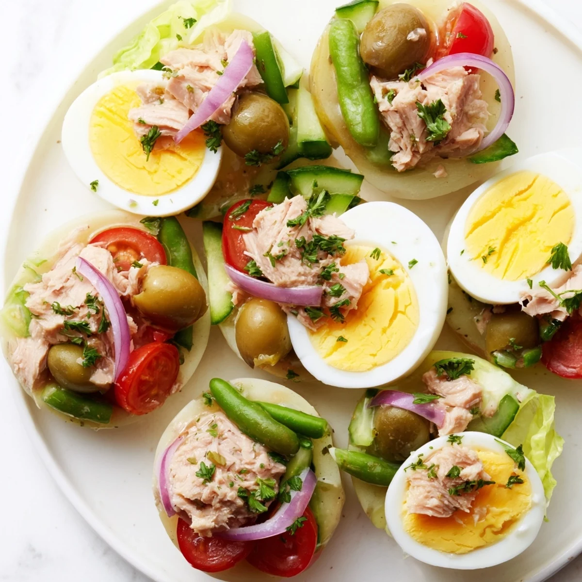 Elegant French Classic Niçoise Salad plated with boiled eggs, potatoes, and tangy vinaigrette dressing