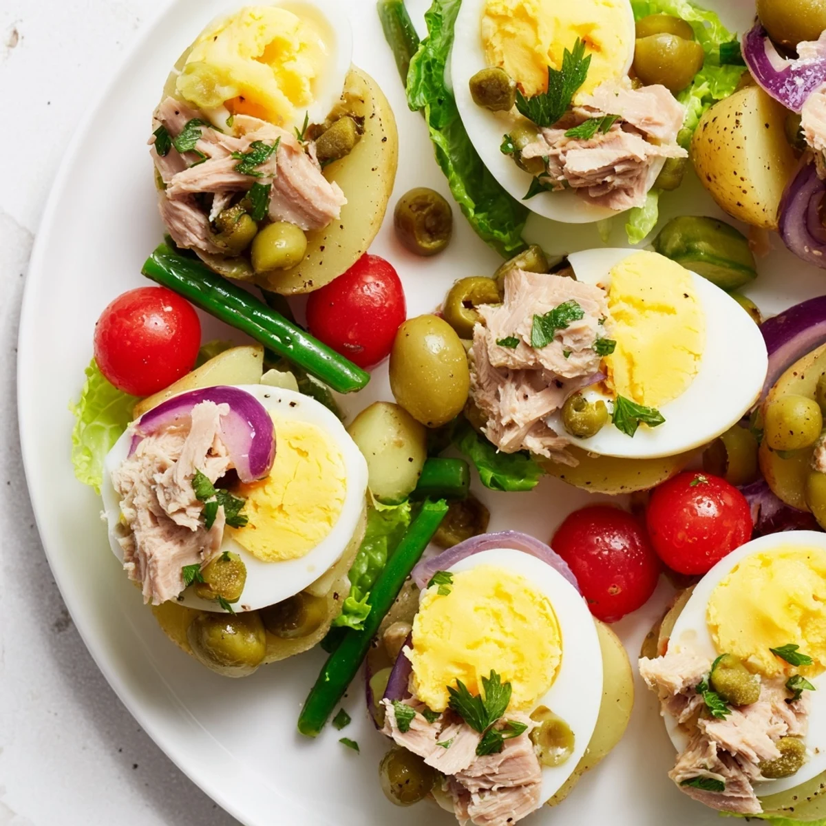 Homemade Classic Niçoise Salad featuring crisp green beans, tomatoes, olives, and tender flaked tuna