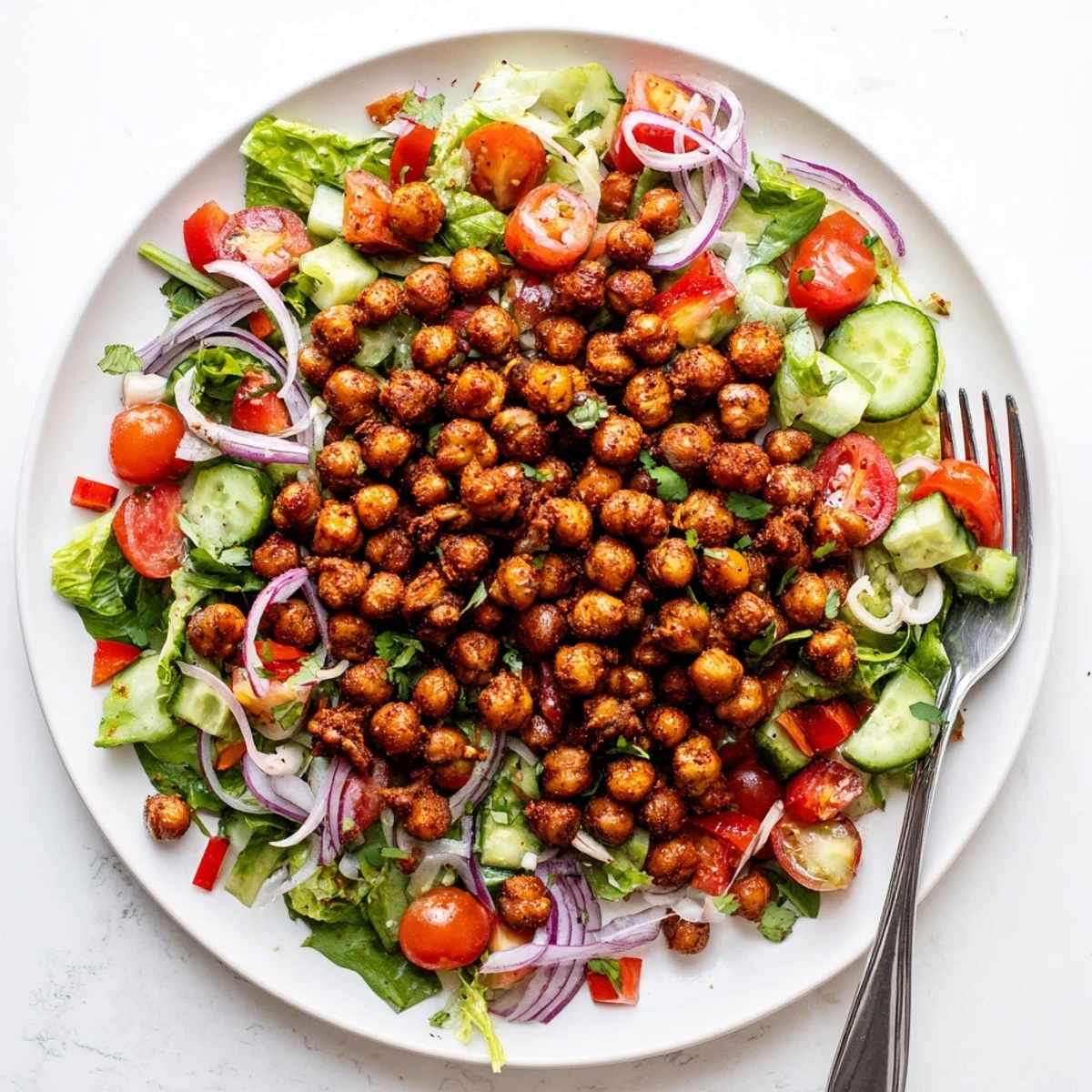 Golden roasted chickpeas seasoned with chili and lime atop crisp mixed greens salad
