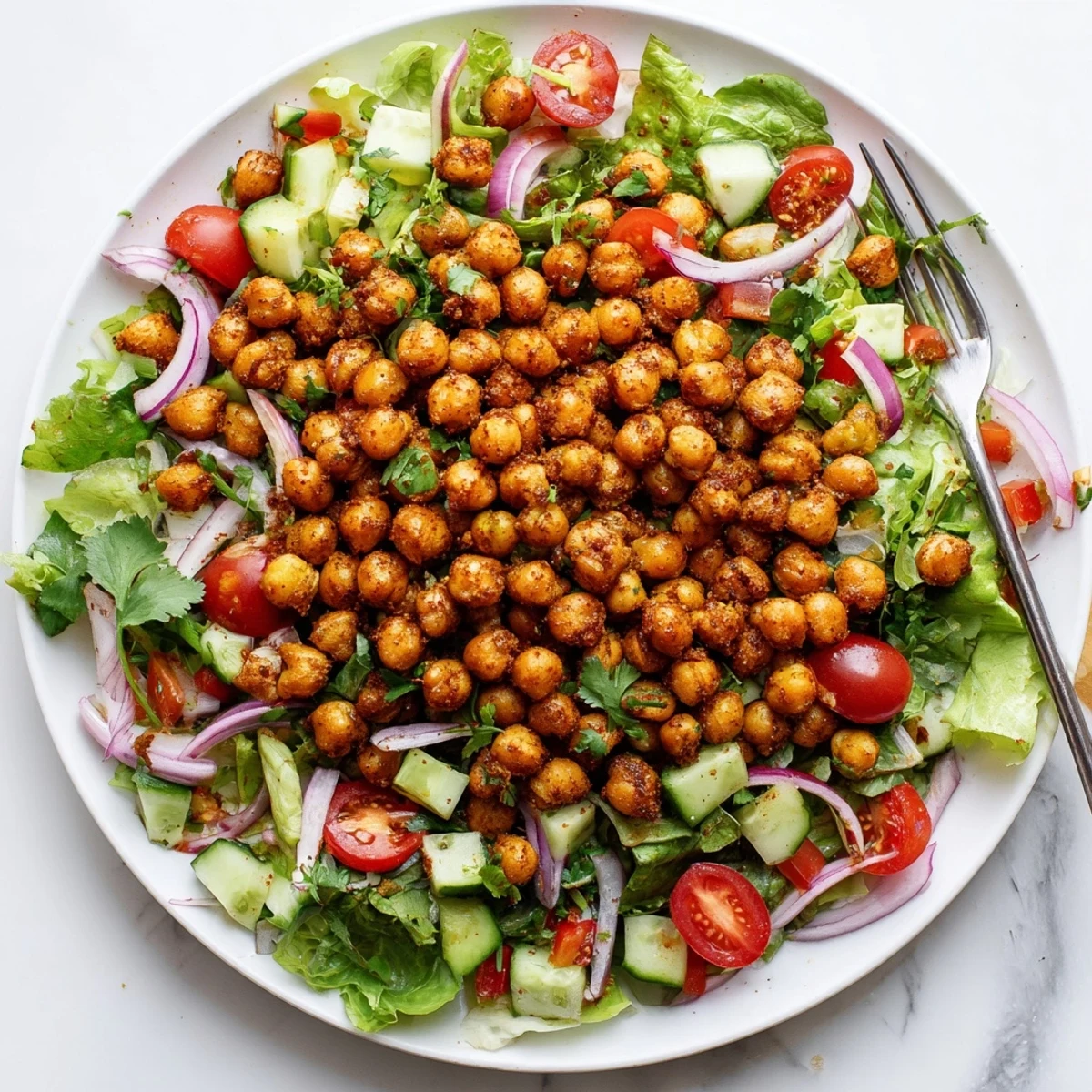 Vegan gluten-free salad featuring zesty roasted chickpeas over greens with cherry tomatoes and cucumber