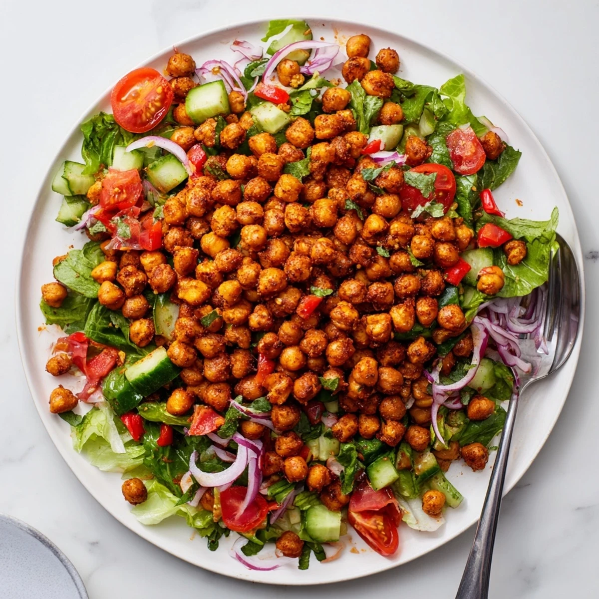 Colorful bowl of crispy chili lime chickpea salad with fresh vegetables and tangy dressing