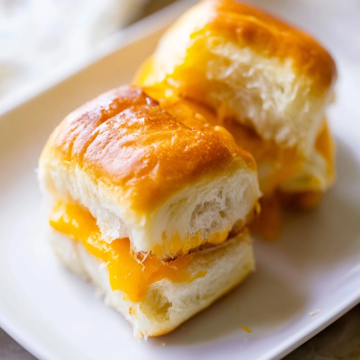Close up of warm mini grilled cheese sandwiches made with fluffy Hawaiian sweet rolls