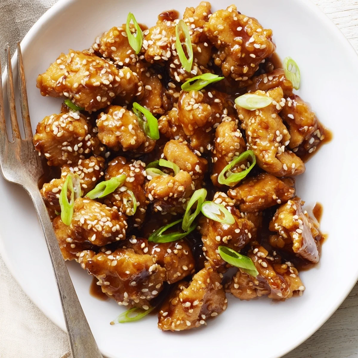 Tender shredded Crockpot Teriyaki Chicken pieces coated in thick glossy teriyaki glaze