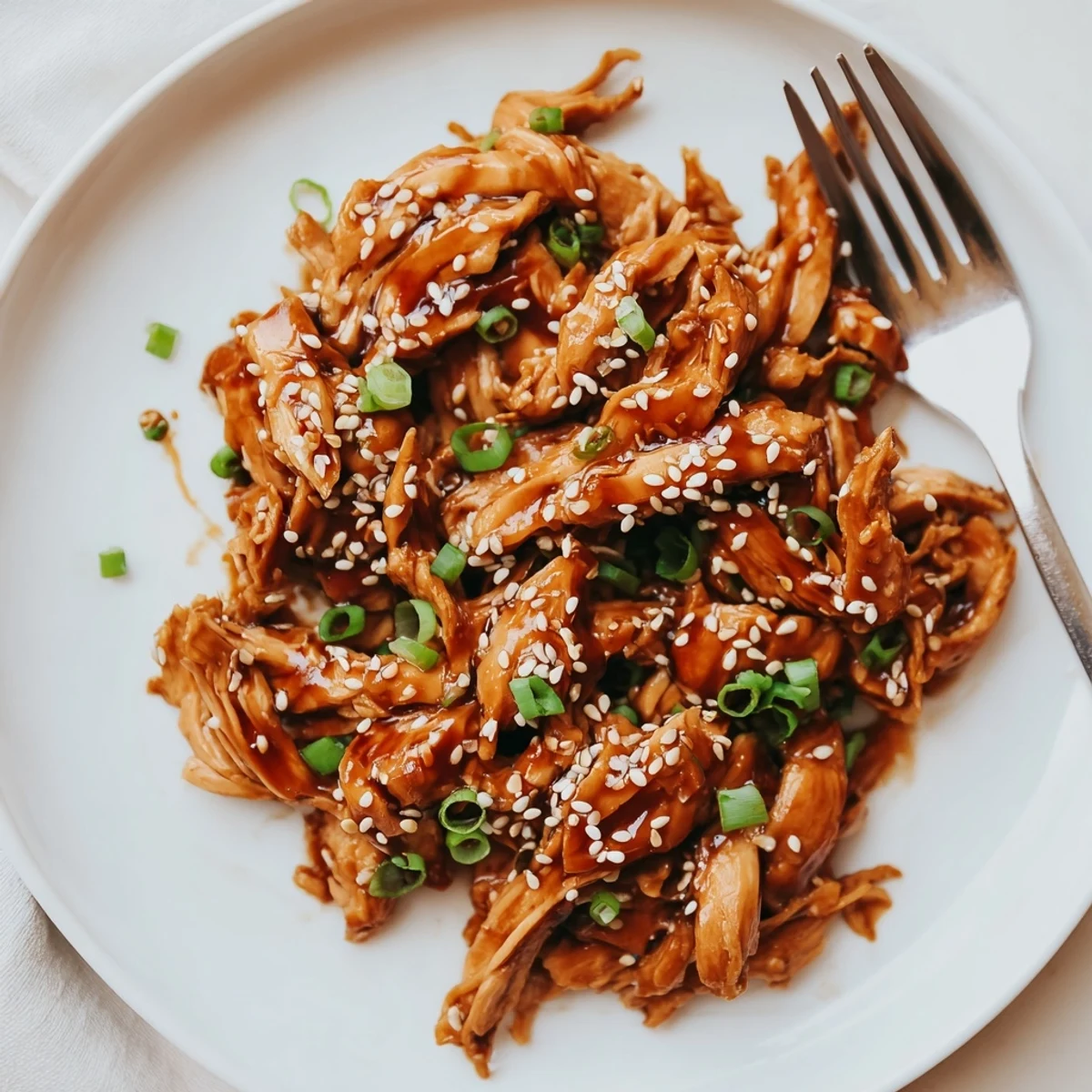 Golden brown Crockpot Teriyaki Chicken served over white rice with green onion garnish