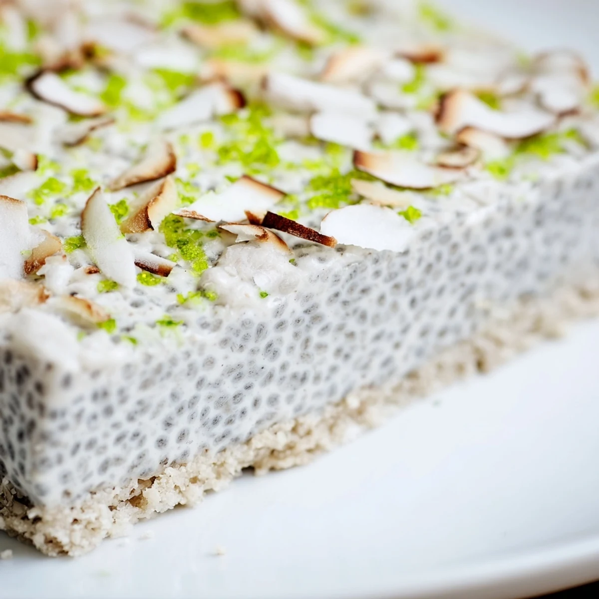 No bake zesty coconut lime chia pudding bars topped with toasted coconut and fresh lime zest
