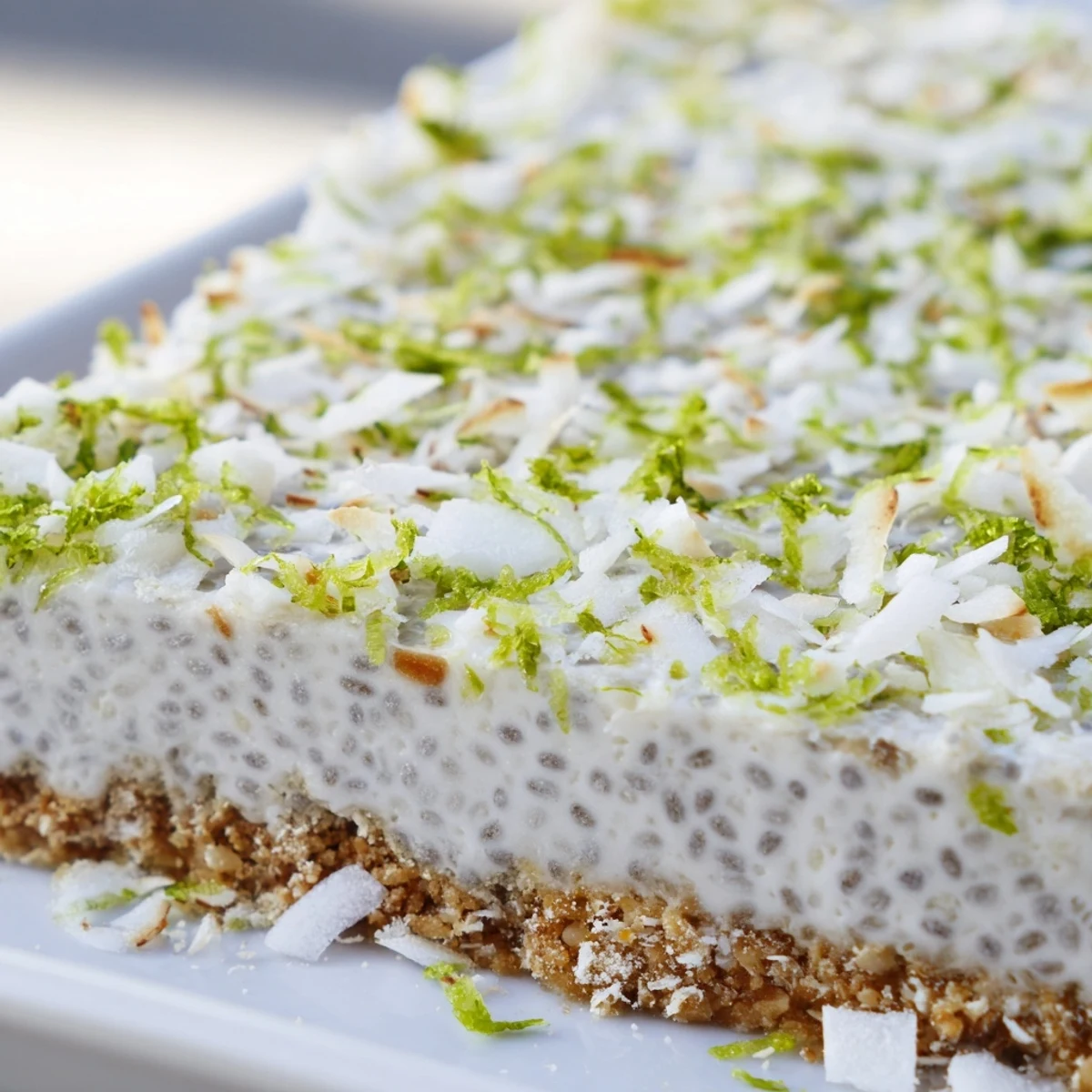 Vegan gluten-free coconut lime chia pudding bars sliced into squares with toasted coconut garnish
