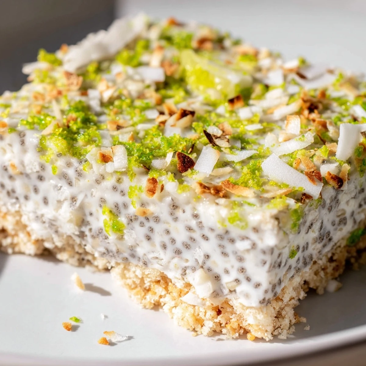 Creamy coconut lime chia pudding bars feature a crunchy almond flour crust and vibrant green layer