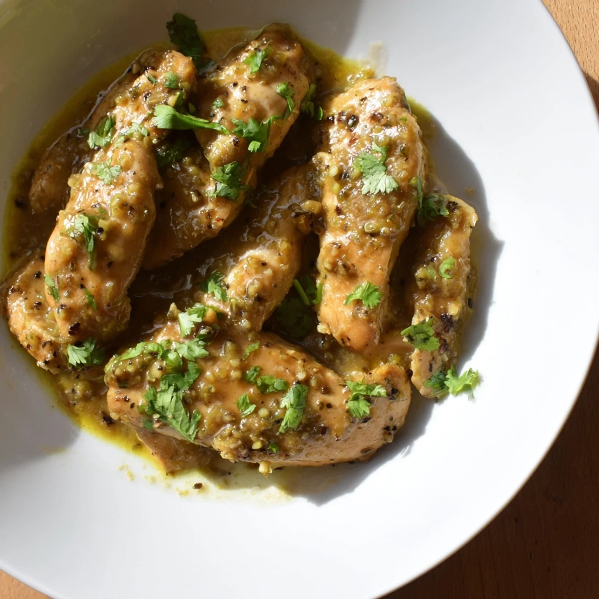 Golden coconut lime chicken breasts swimming in creamy white sauce with fresh green cilantro garnish