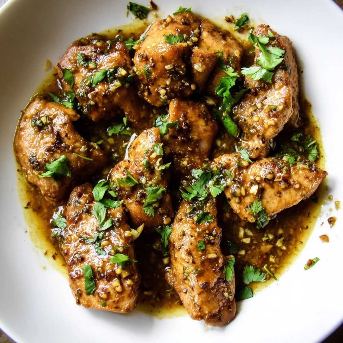 Savory coconut lime chicken plated with vibrant cilantro sprigs and zesty lime wedge garnish