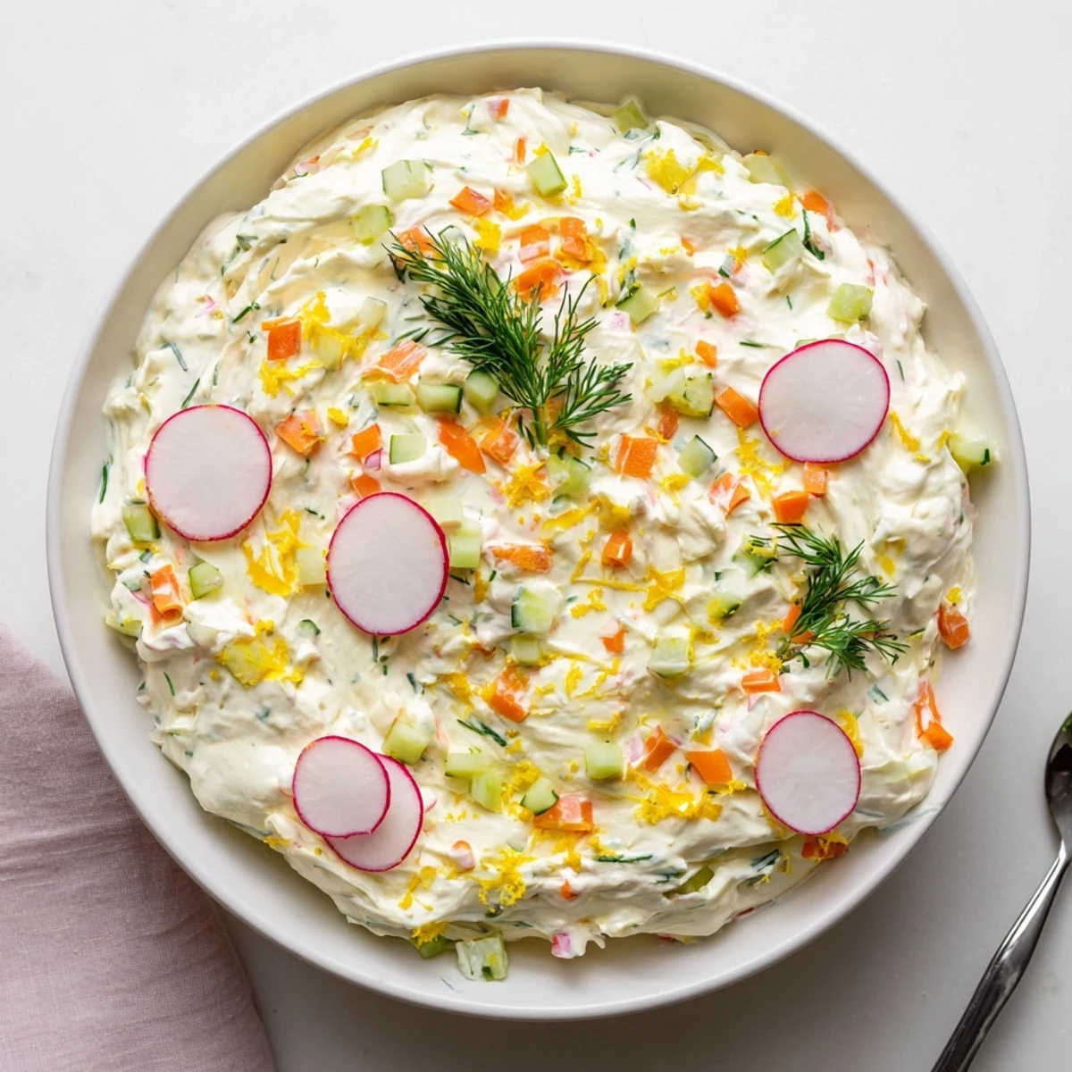 Creamy Easter dip with fresh herbs and colorful diced vegetables served in a white bowl