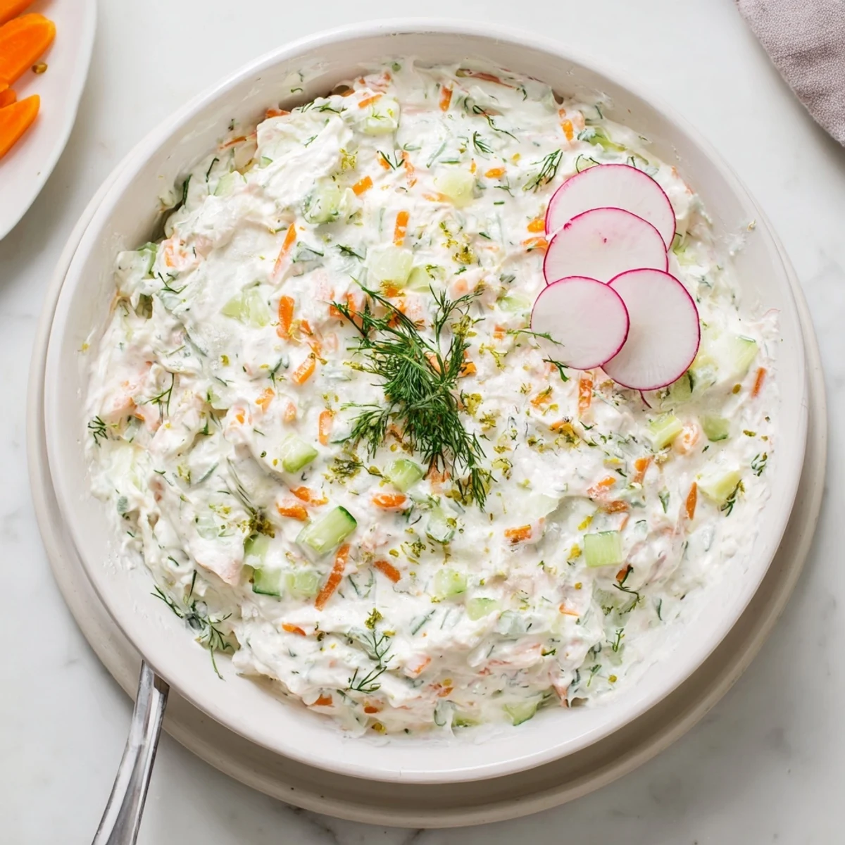 Smooth cream cheese appetizer with bright green herbs and radishes ready for spring entertaining spread