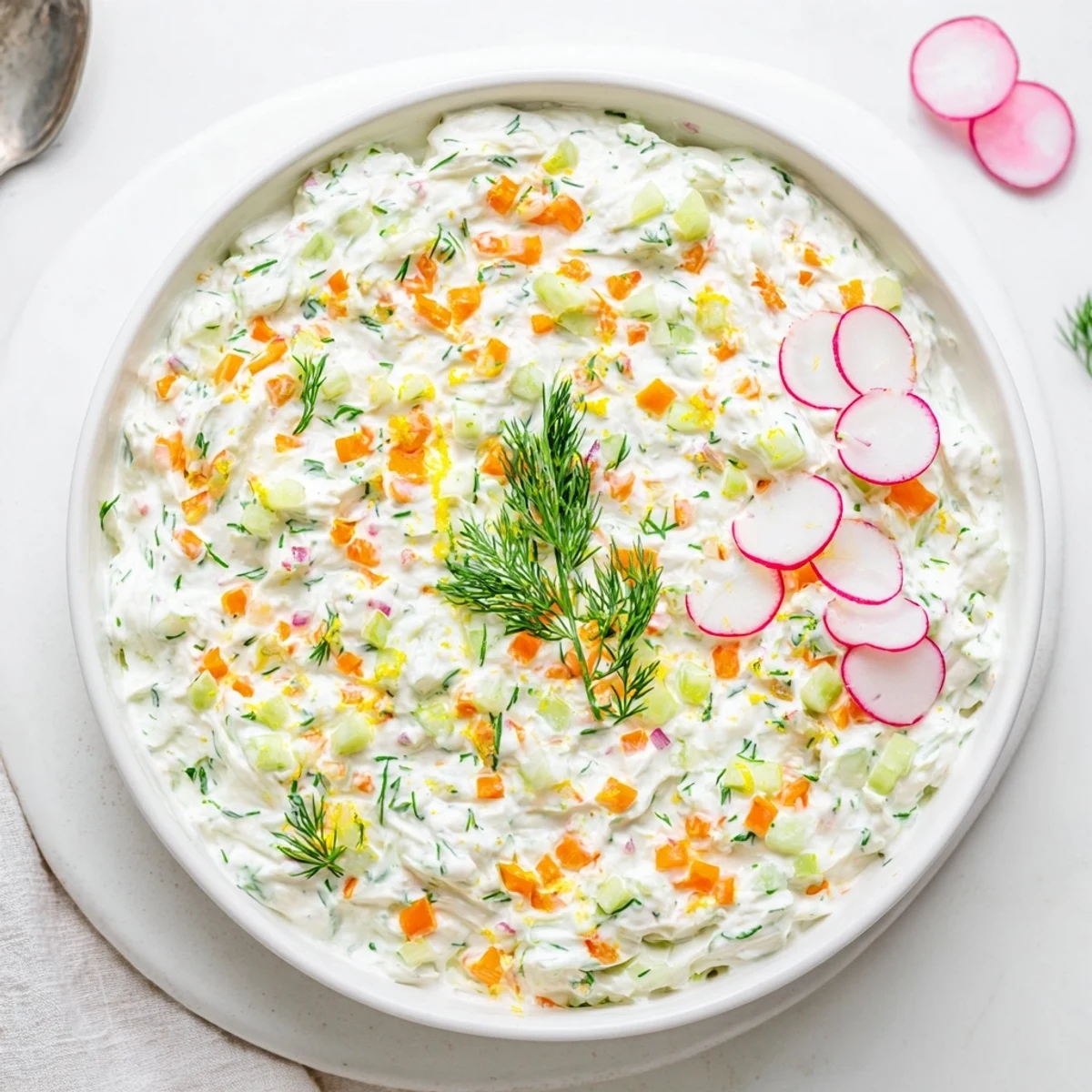 Festive white herb dip garnished with chives alongside crisp carrot sticks and crackers on platter