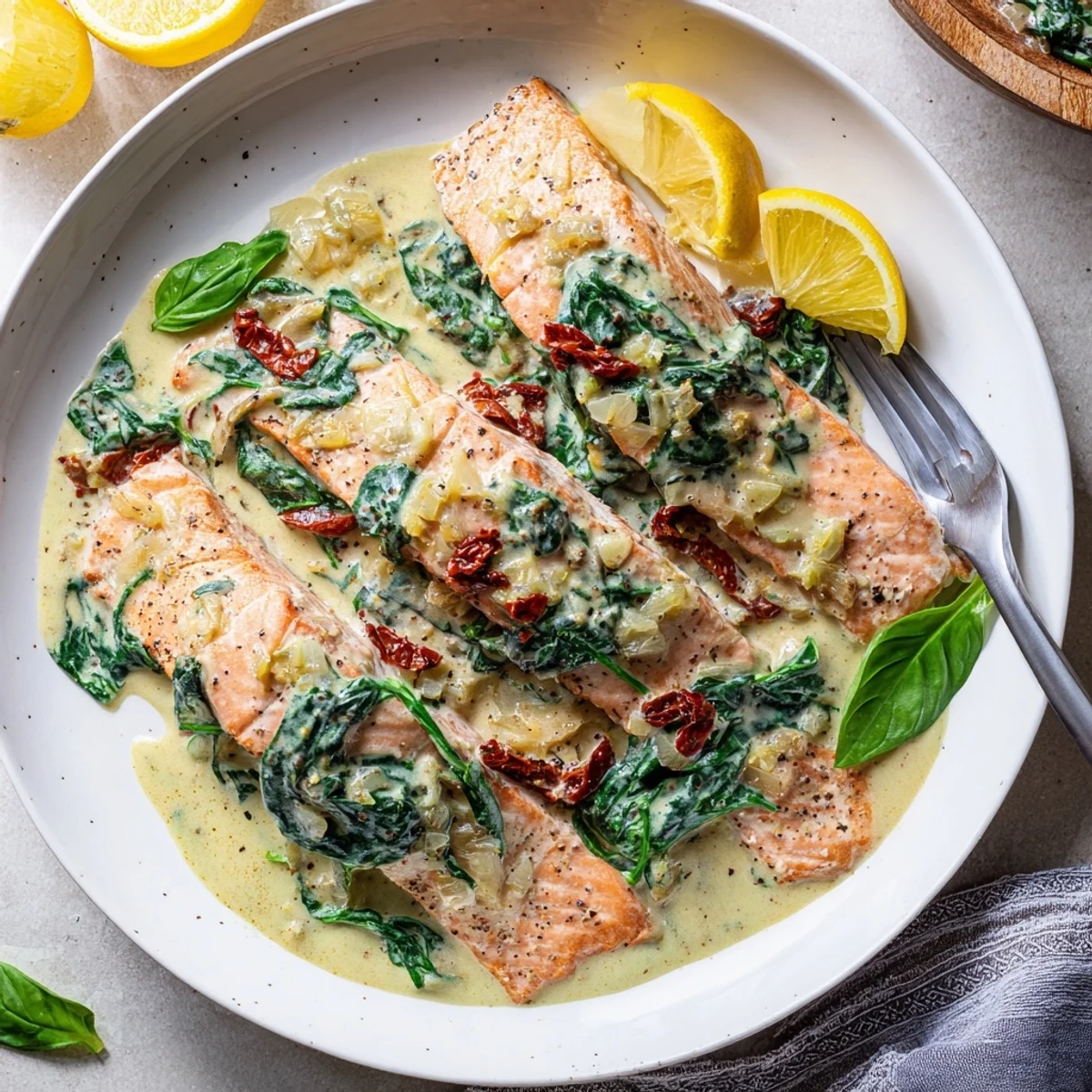 Golden pan-seared salmon fillets resting in a rich creamy garlic sauce with sun-dried tomatoes and wilted spinach
