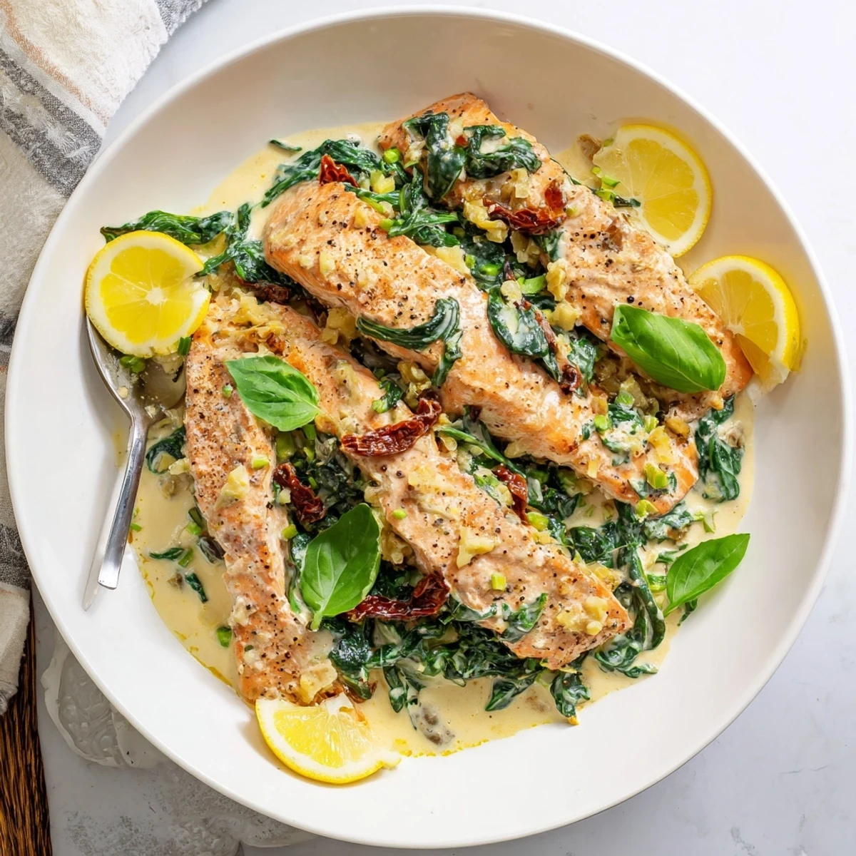 Creamy Tuscan salmon served hot with fresh basil garnish and tender baby spinach in a white parmesan sauce