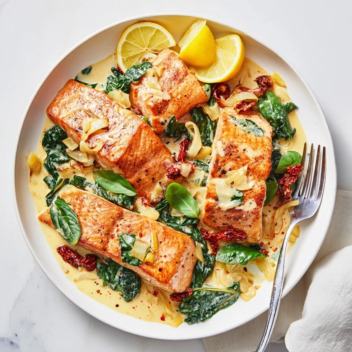 Succulent salmon pieces nestled in a thick Italian cream sauce bursting with sun-dried tomatoes and savory garlic flavors