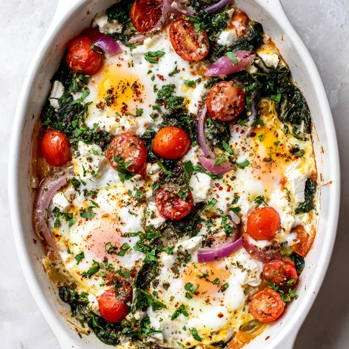Golden baked feta eggs nestled with wilted spinach and roasted cherry tomatoes in a skillet