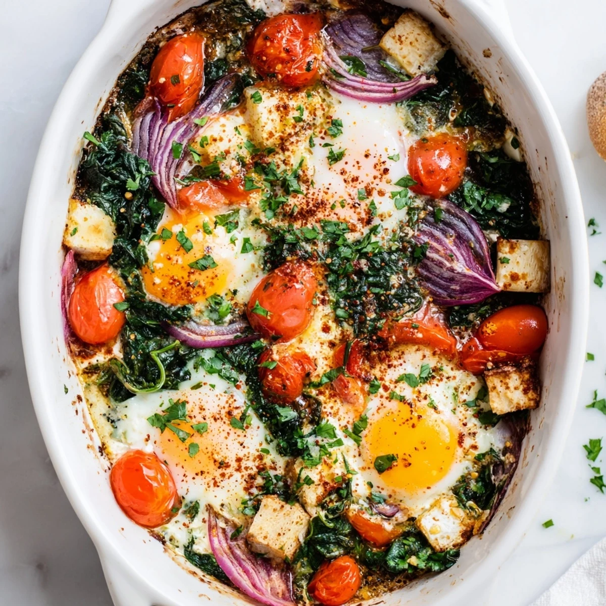 Creamy Mediterranean breakfast with baked feta, spinach, tomatoes, and perfectly runny yolks