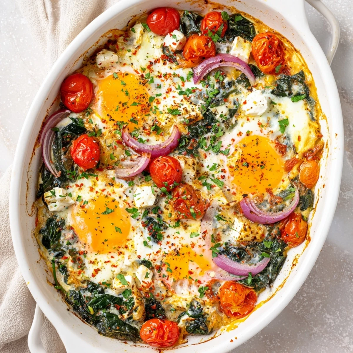 Oven-baked skillet featuring bubbling feta cheese, fresh spinach, tomatoes, and four sunny eggs