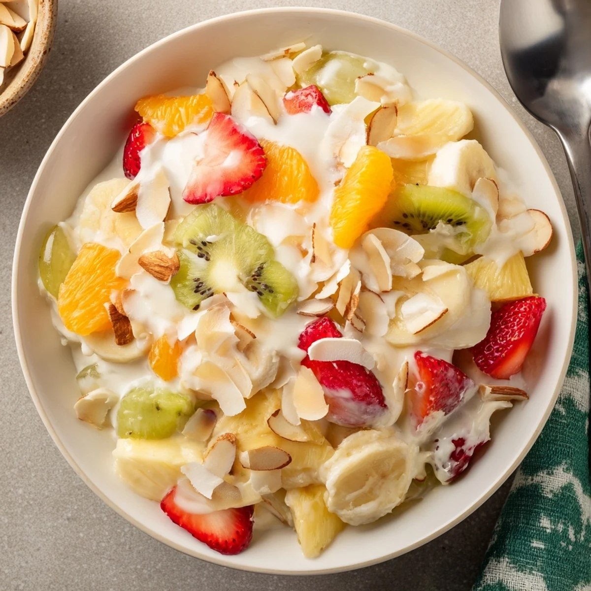 Colorful bowl of creamy fruit salad showcasing fresh strawberries, grapes, pineapple, kiwi, and mandarin oranges coated in silky vanilla yogurt dressing