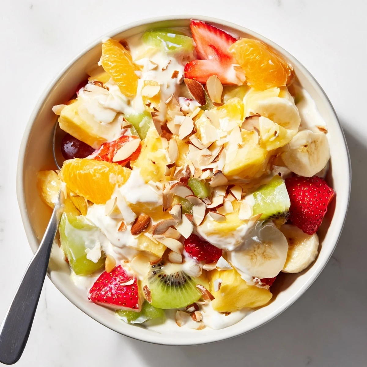 Summer picnic table displaying a generous serving bowl of luscious creamy fruit salad surrounded by seasonal fresh berries and sliced bananas