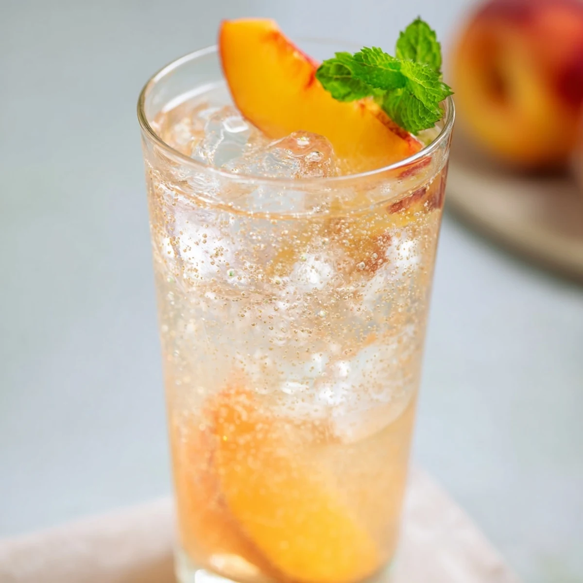 Golden peach puree swirled with spicy ginger syrup and topped with sparkling water in ice-filled glasses